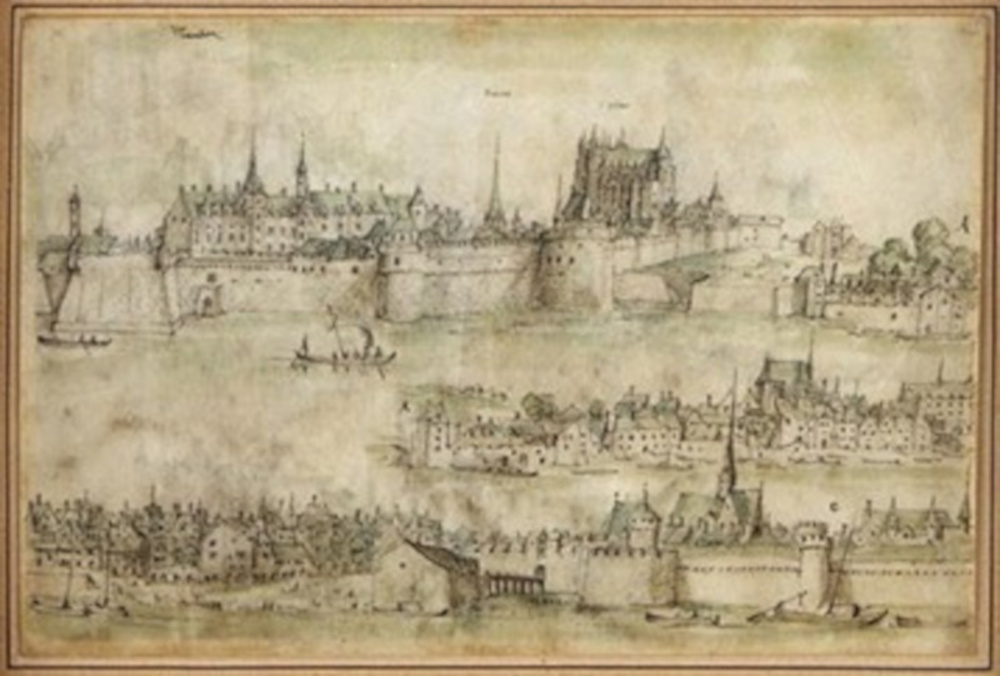 La ville de Nantes. Dessin anonyme, à la plume et à la gouache (XVIe siècle). Dobrée Inv. 969.7.121. https://archives.loire-atlantique.fr/44/nantes-au-17e-siecle-dessin-anonyme-a-la-plume-et-a-la-gouache-s-d-v-1630/c_32366